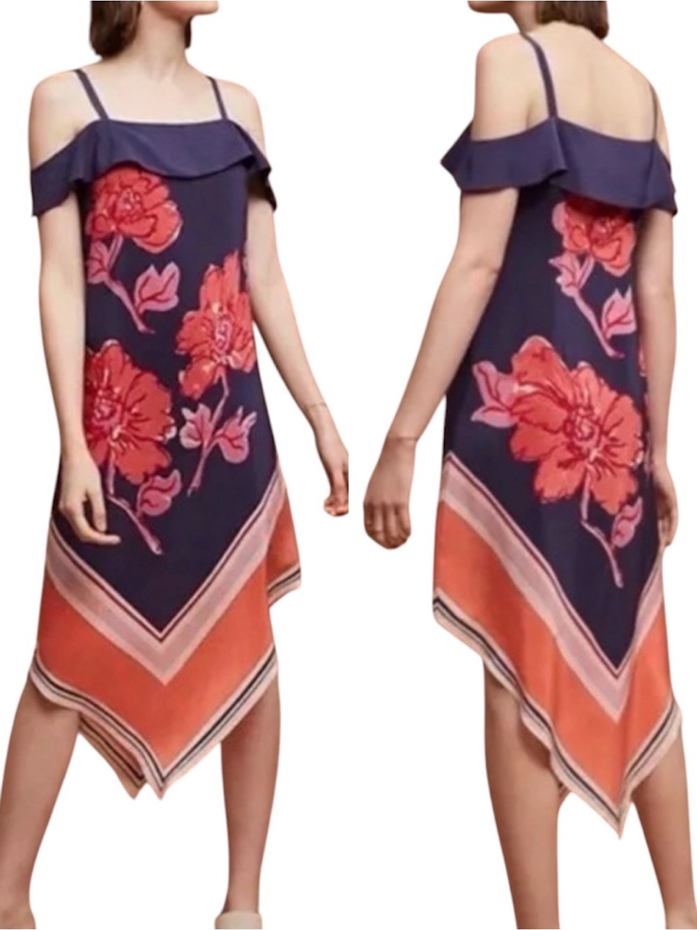 Moulinette Soeurs Dress Navy Coral Floral Asymmetric Hankerchief Hem 100%Silk XS